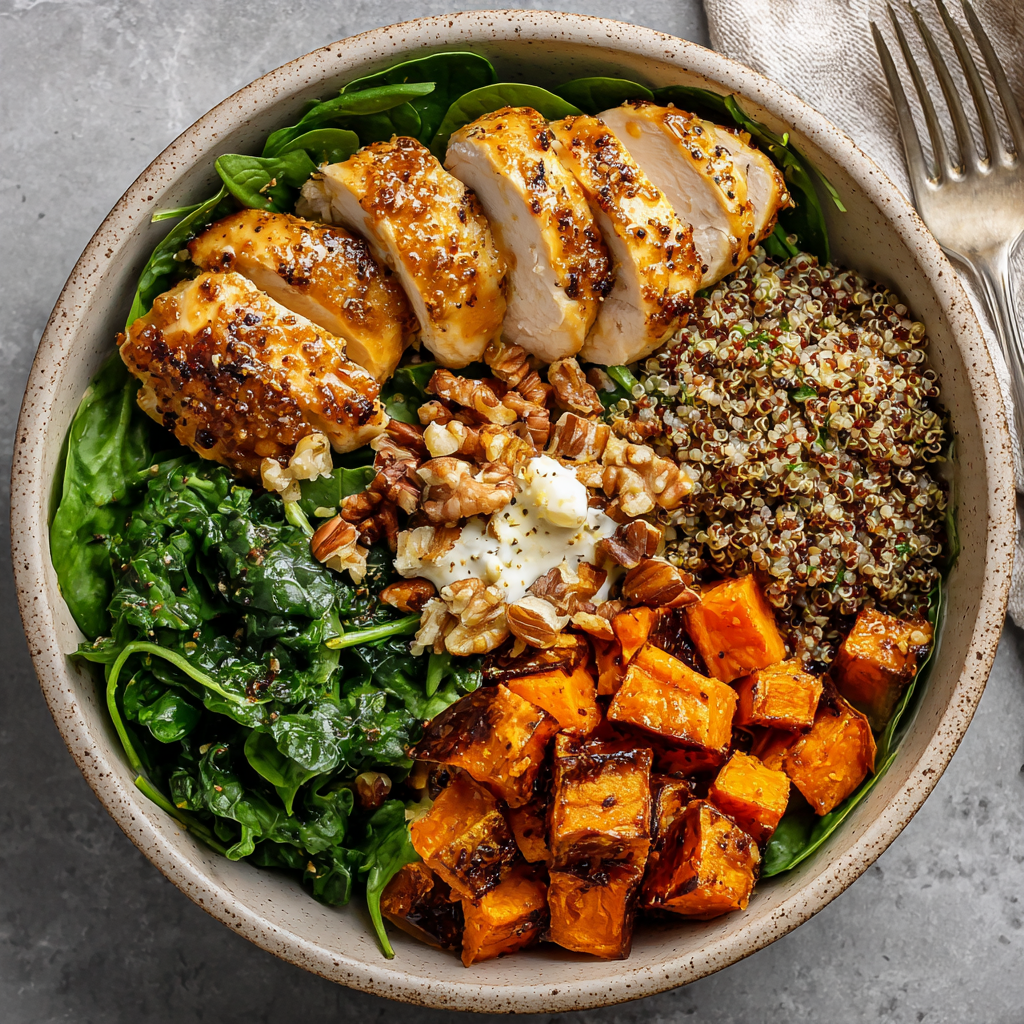 You are currently viewing Maple Dijon Chicken & Roasted Sweet Potato Bowls