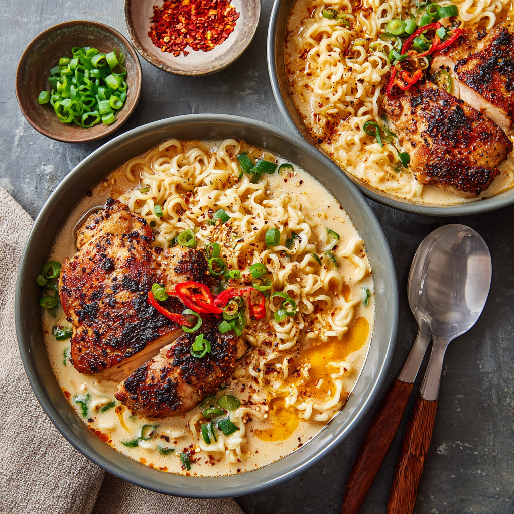 Fiery Chicken Ramen with Creamy Garlic Sauce