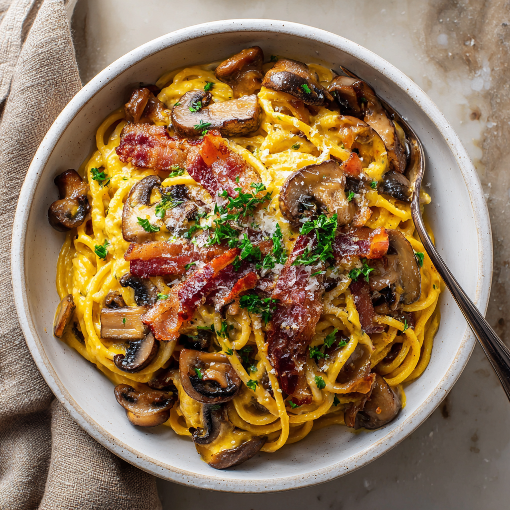 You are currently viewing Pumpkin & Mushroom Spaghetti with Crispy Bacon