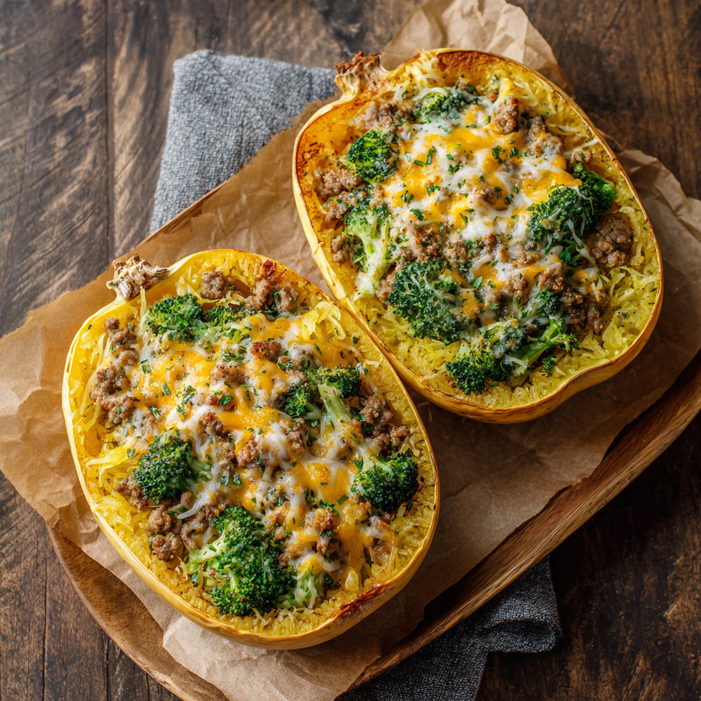You are currently viewing Stuffed Spaghetti Squash with Broccoli, Sausage, and Cheddar Cheese