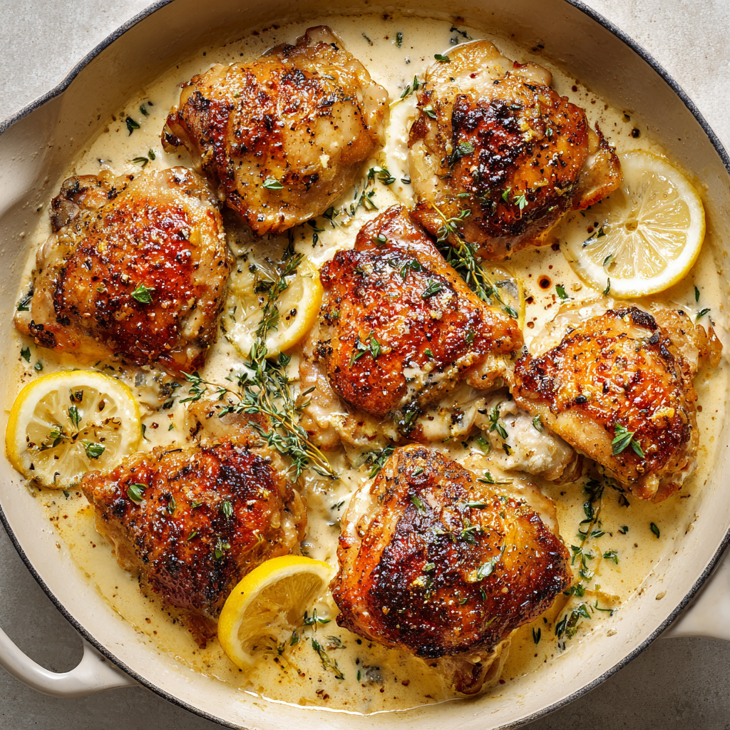 You are currently viewing Bobby Flay–Style Chicken Thighs (Creamy Garlic Lemon Thyme Sauce)